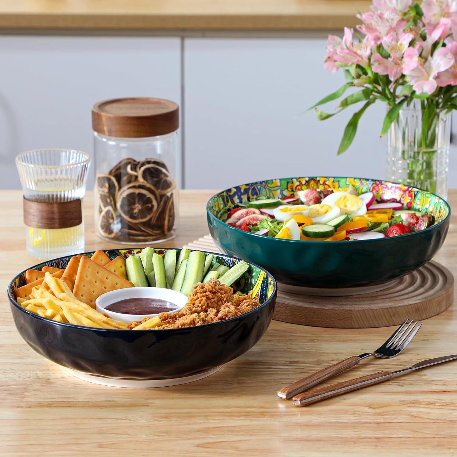 Πιάτο ζυμαρικών από πέτρινο κεραμικό, σετ 2 τεμαχίων, Σετ πολύχρωμων βαθιών πιάτων, μπολ πολλαπλών χρήσεων 2340 ml για ζυμαρικά, σπαγγέτι, ζυμαρικά, σαλάτα